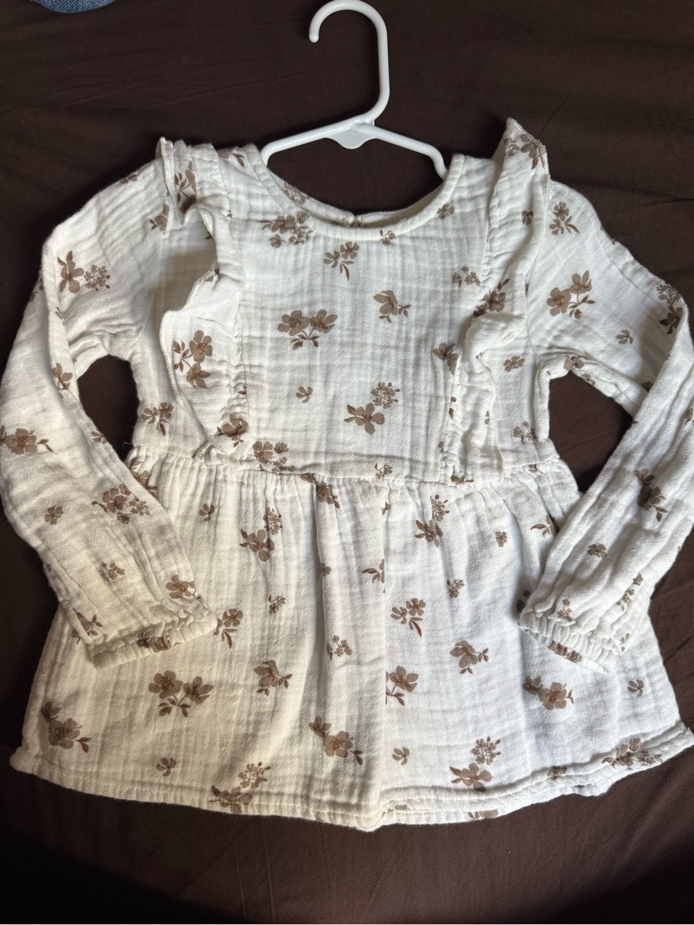 Girls' Cream Floral Ruffle Long-Sleeve Top - Soft Cotton